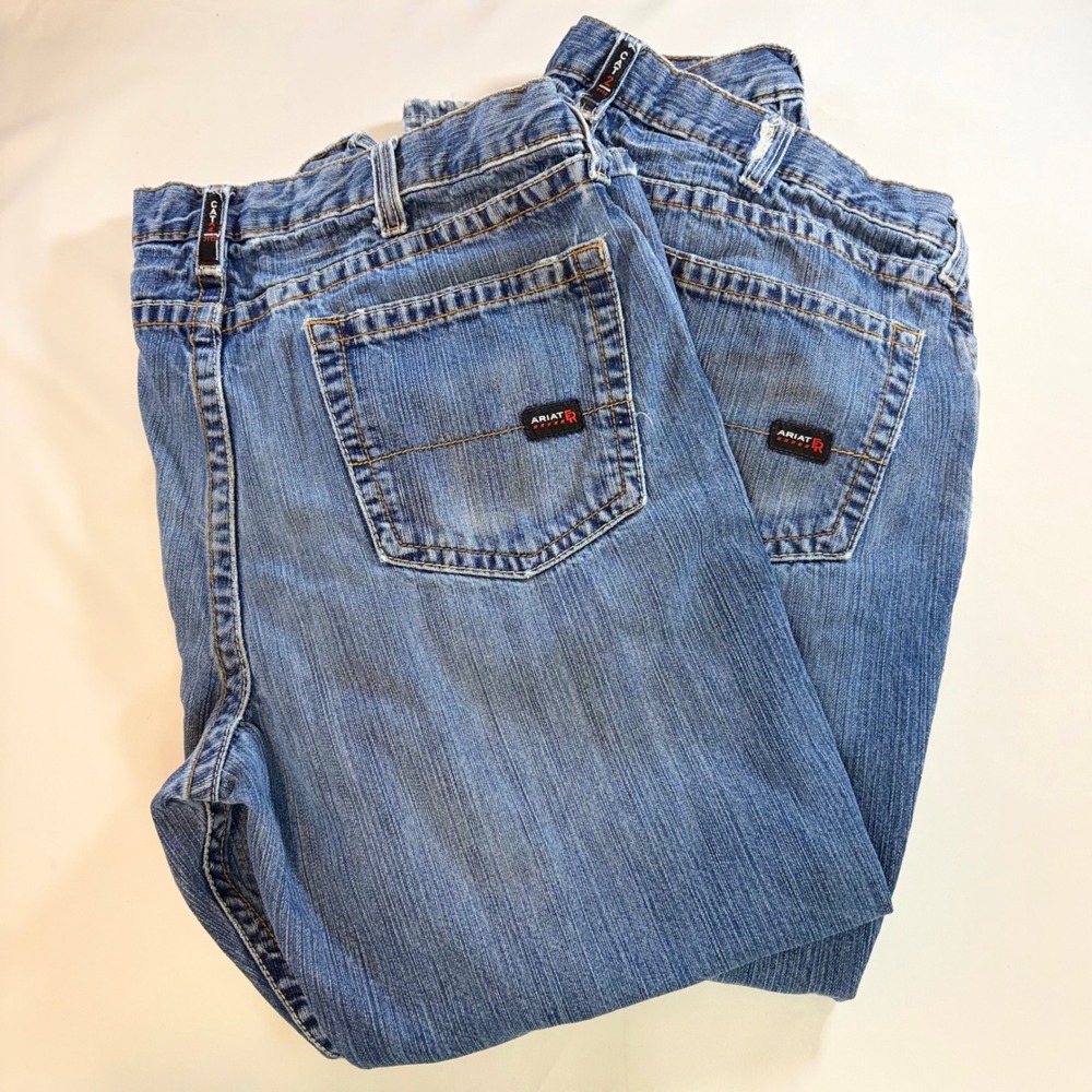 Lot of 2 Ariat FR M4 Low Rise Boot Cut Jeans Mens Blue Denim CAT 2 Work Pants